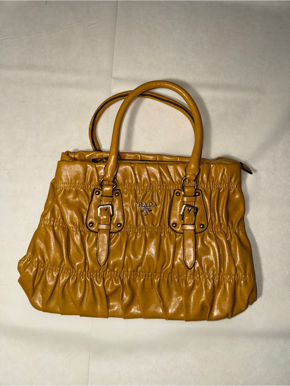 Prada Ruched Leather Shoulder Bag in Mustard
